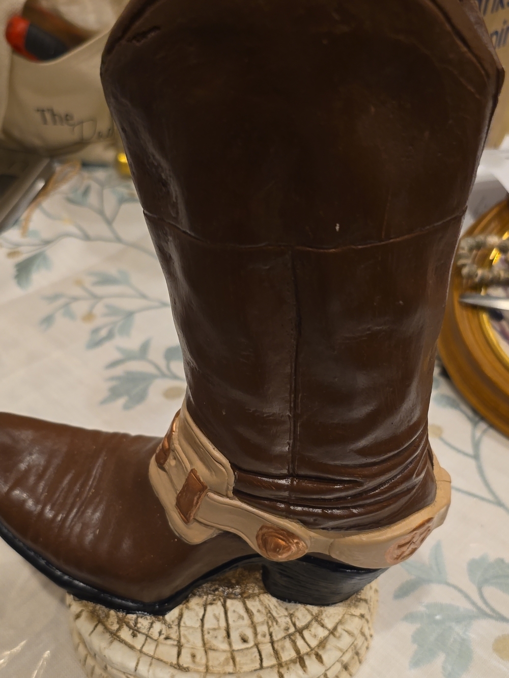 Brown Leather Cowboy Boot Statue with Tan Harness